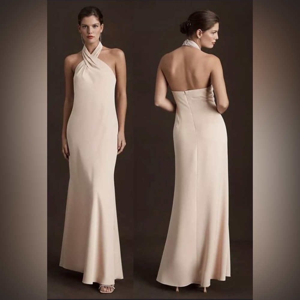 BHLDN Ruby twist halter satin gown in oyster